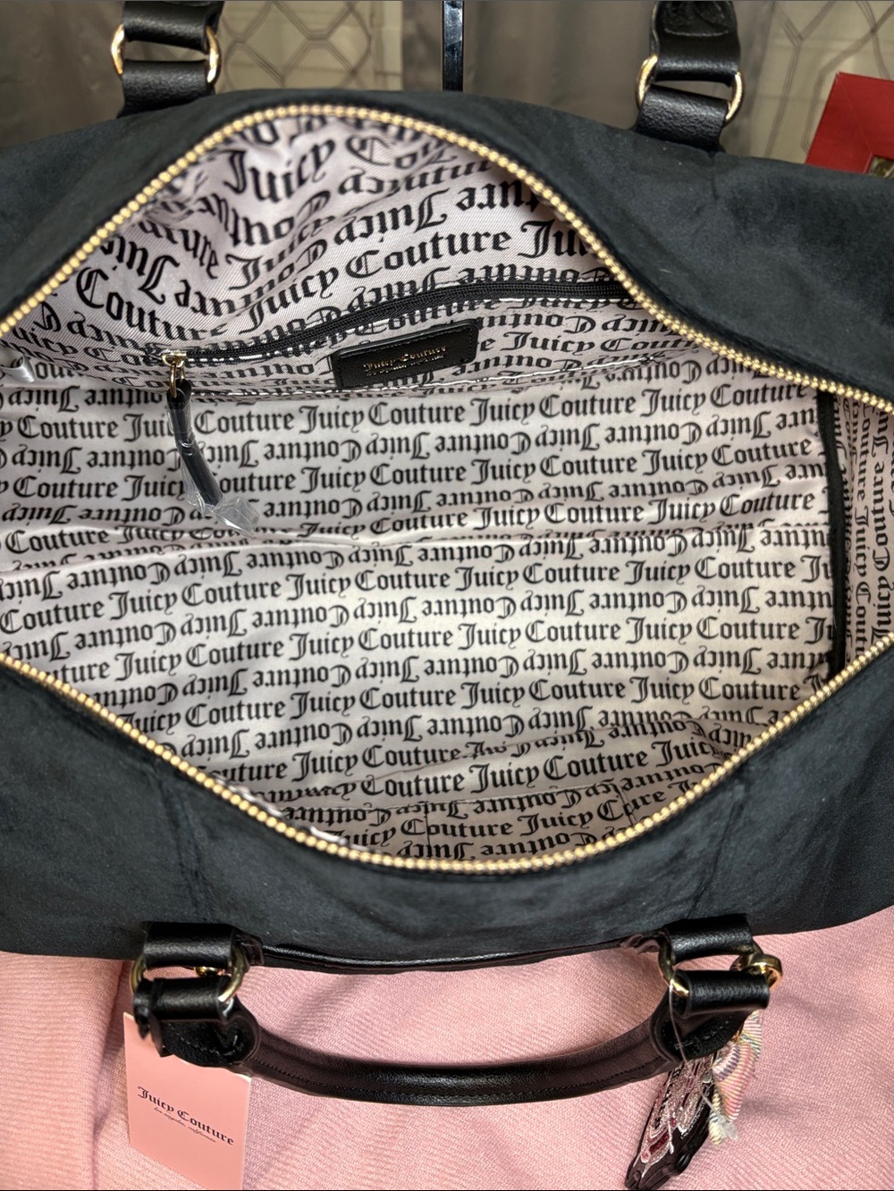 NWT Juicy Couture Black Velvet Weekender Boston Bag Adjustable Strap 19x10 - Picture 12 of 16